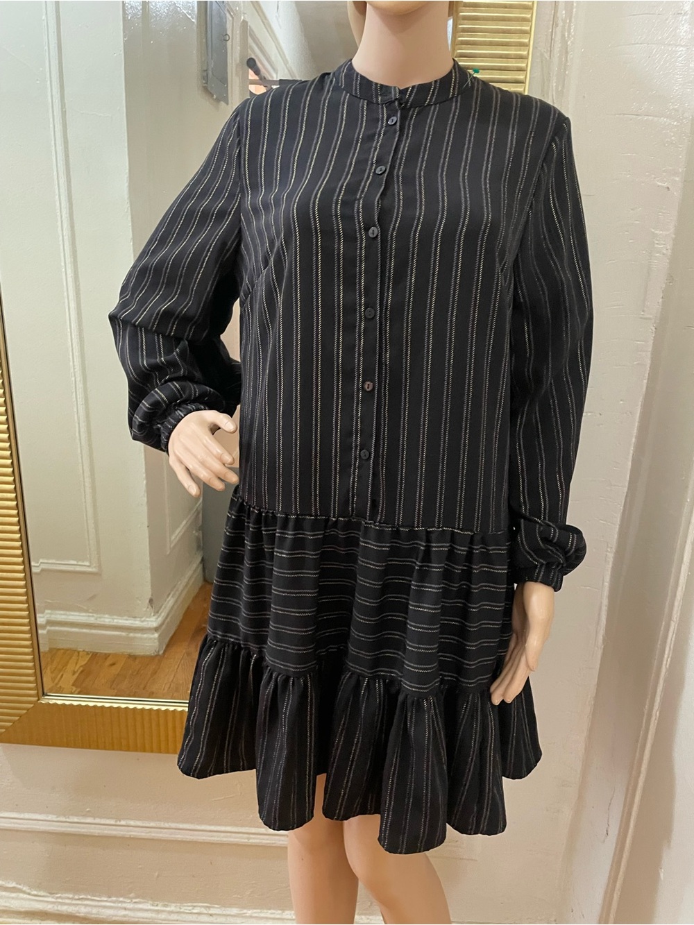 Black Pinstripe Tiered Mini Dress